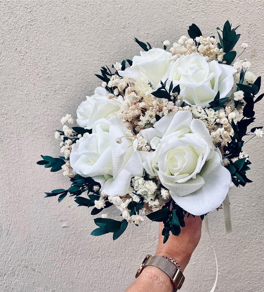 Dried Flower Bridal Bouquet White Real Touch Roses Preserved Eucalyptus Gypsophila Wedding Bouquet Boho Rustic Keepsake Flowers