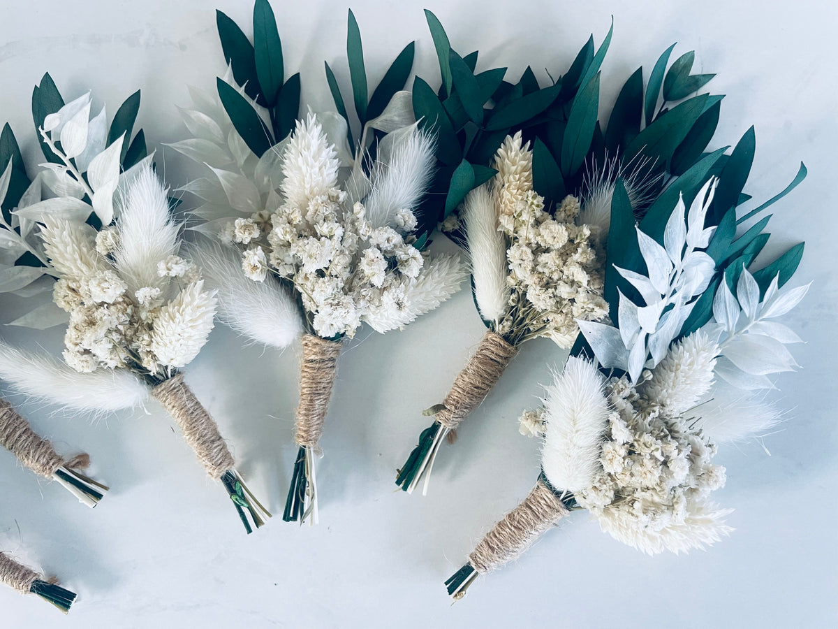 Dried Flower Buttonholes – White & Green Wedding Boutonnieres