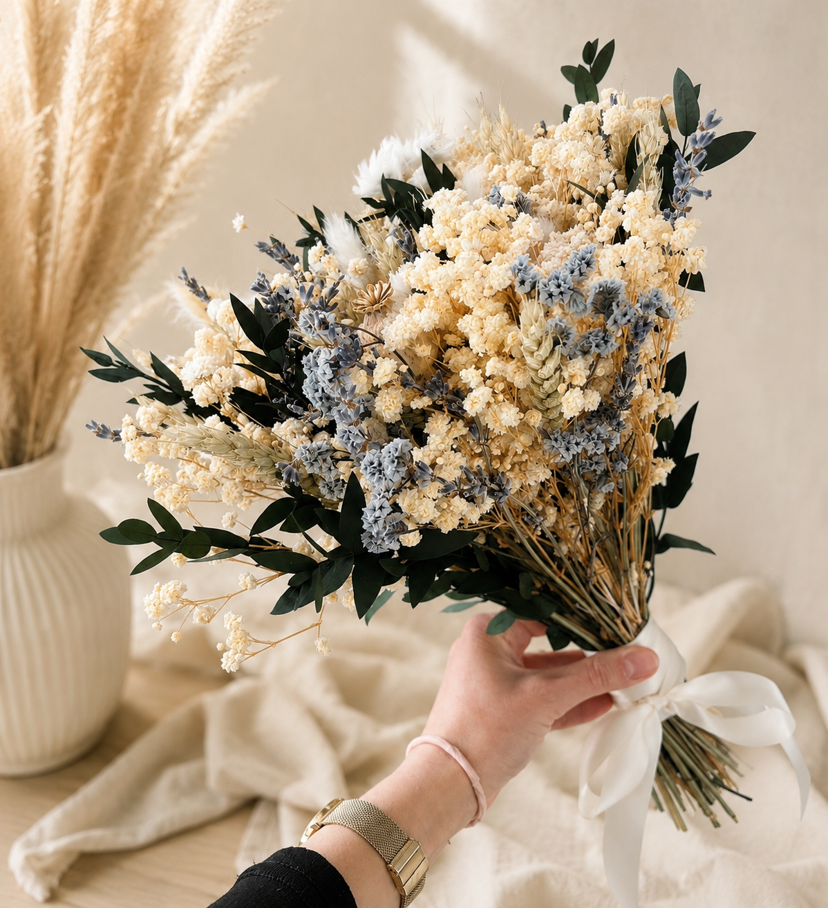 Blue & Ivory Dried Flower Bridal Bouquet | Preserved Wedding Bouquet | Rustic Boho Bride Flowers
