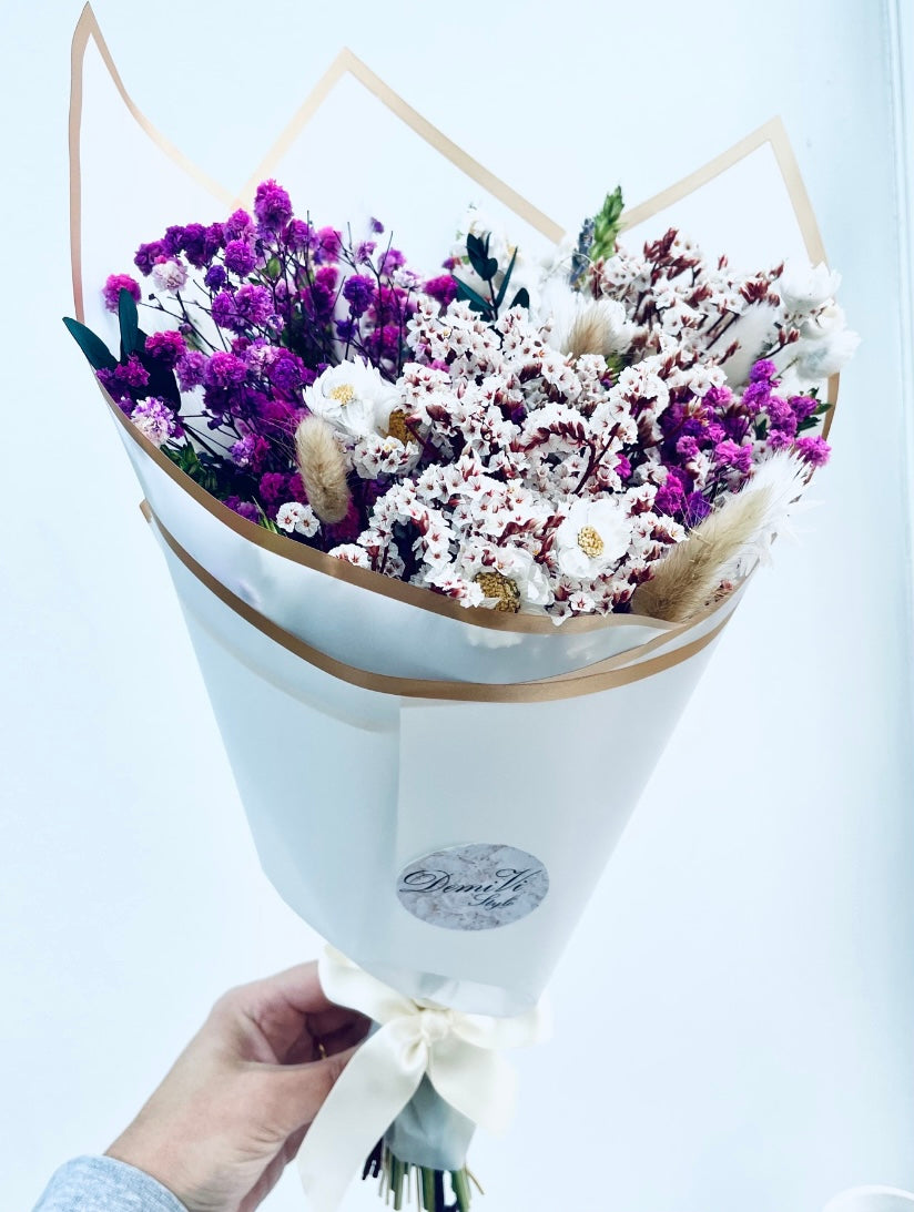 Purple Green White Gift Bouquet Dried Flowers  Bouquet Gifts For Her Gift Set Dried flower arrangement Babys Breath Gypsophila Bouquet