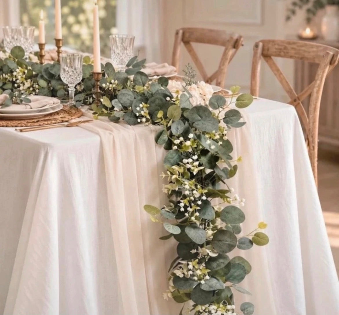 Eucalyptus Garland With Long Willow Leaves, Silvery Dollar Boston Fern Greenery Garland White Flowers Eucalyptus Vines, Scene Decor 1.8meter