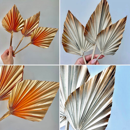 3 x Natural Dried Palm Spear Leaves ,orange-gold colour/ cream - gold / boho decor, dried vase flowers, palm leaf UK,palm cake topper